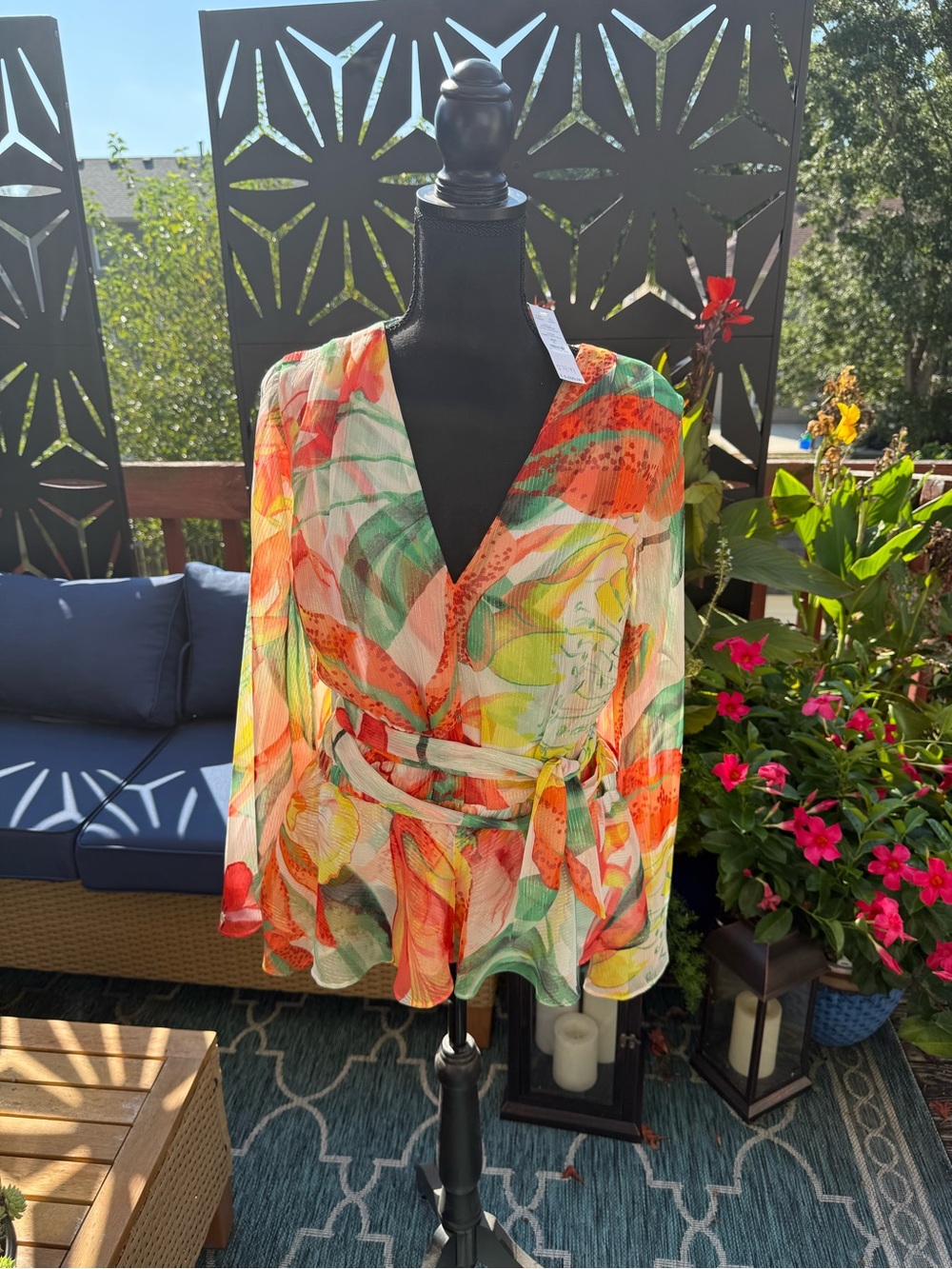White House Black Market Jungle Flower Lurex Blouse in Teal, Coral & Orange